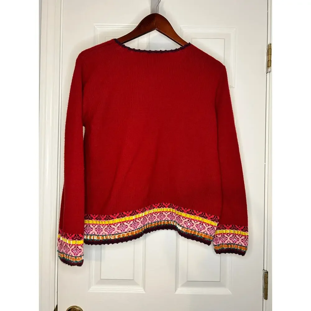 J.Jill Petite Red Embellished Fair Isle V Neck Sweater LP